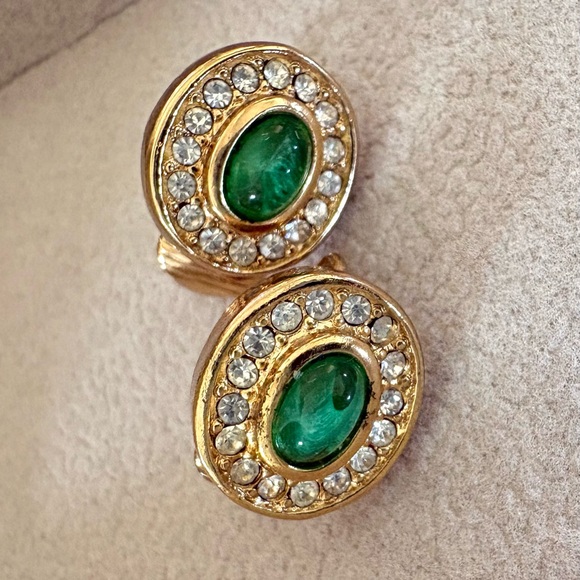Dior Gold-Tone Earrings with Green Cabochons and Clear Crystals - Picture 3 of 6